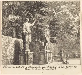 Statues of Mercury and Flora, Gardens of Dukedi Sora, Frascati, by Melchior Küsel, ink, 1681