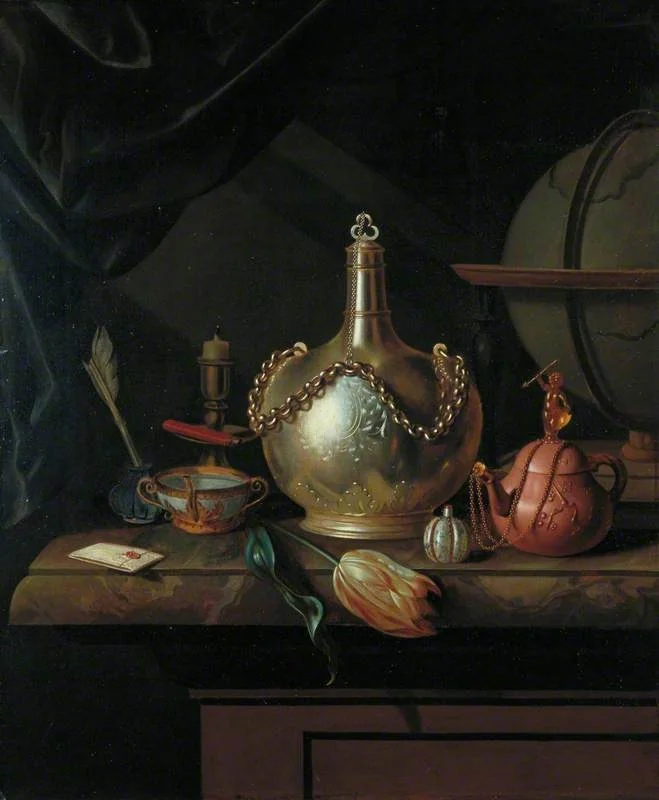 Chained Flask, Brown Teapot and Globe, detail