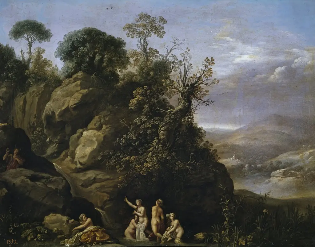 Diana bathing with her Nymphs, by Cornelius van Poelenburgh, oil, 1624