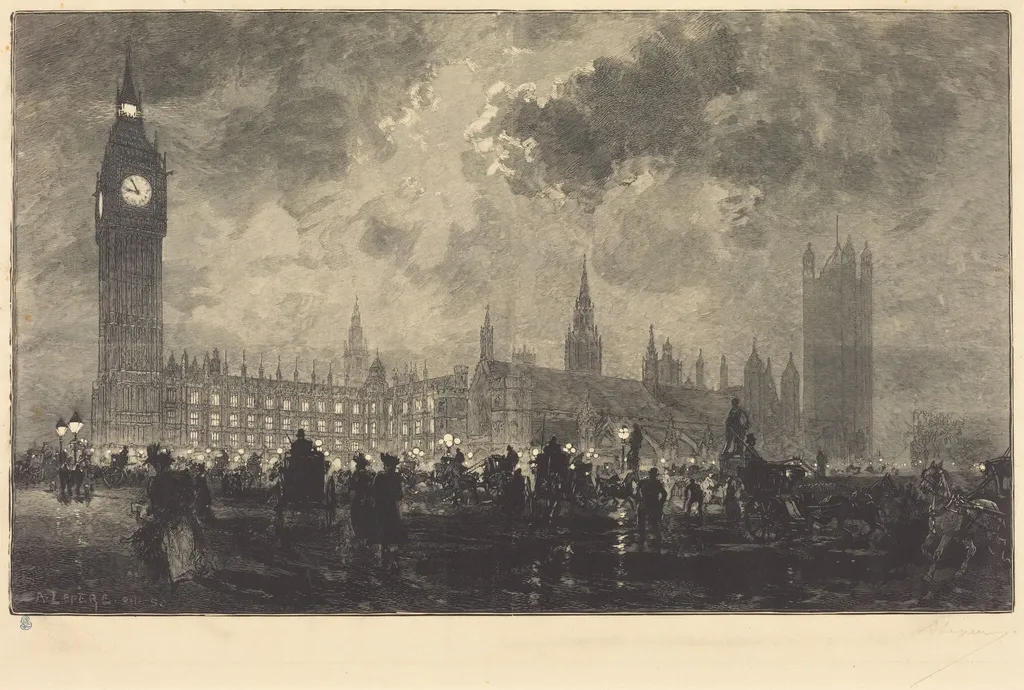 Parliament at 9 o'Clock in the Evening - London (Le parlement a 9 heures du soir - Londres), by Auguste Louis Lepère, ink, 1890