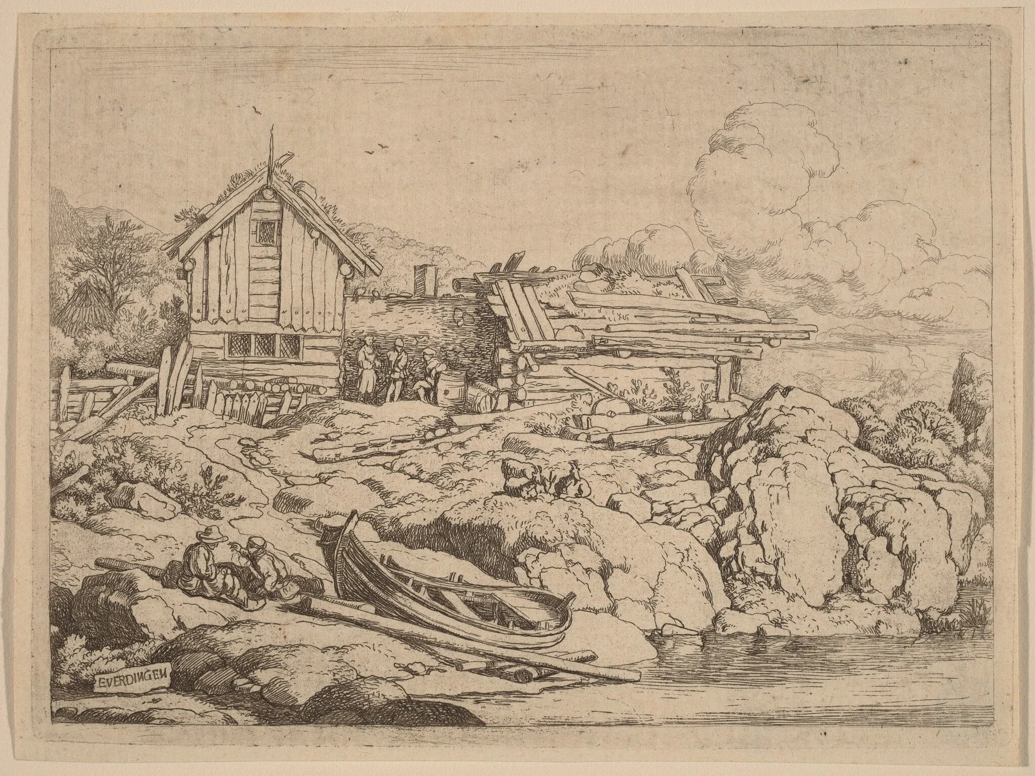 Boat at a River Bank with Three Goats, detail