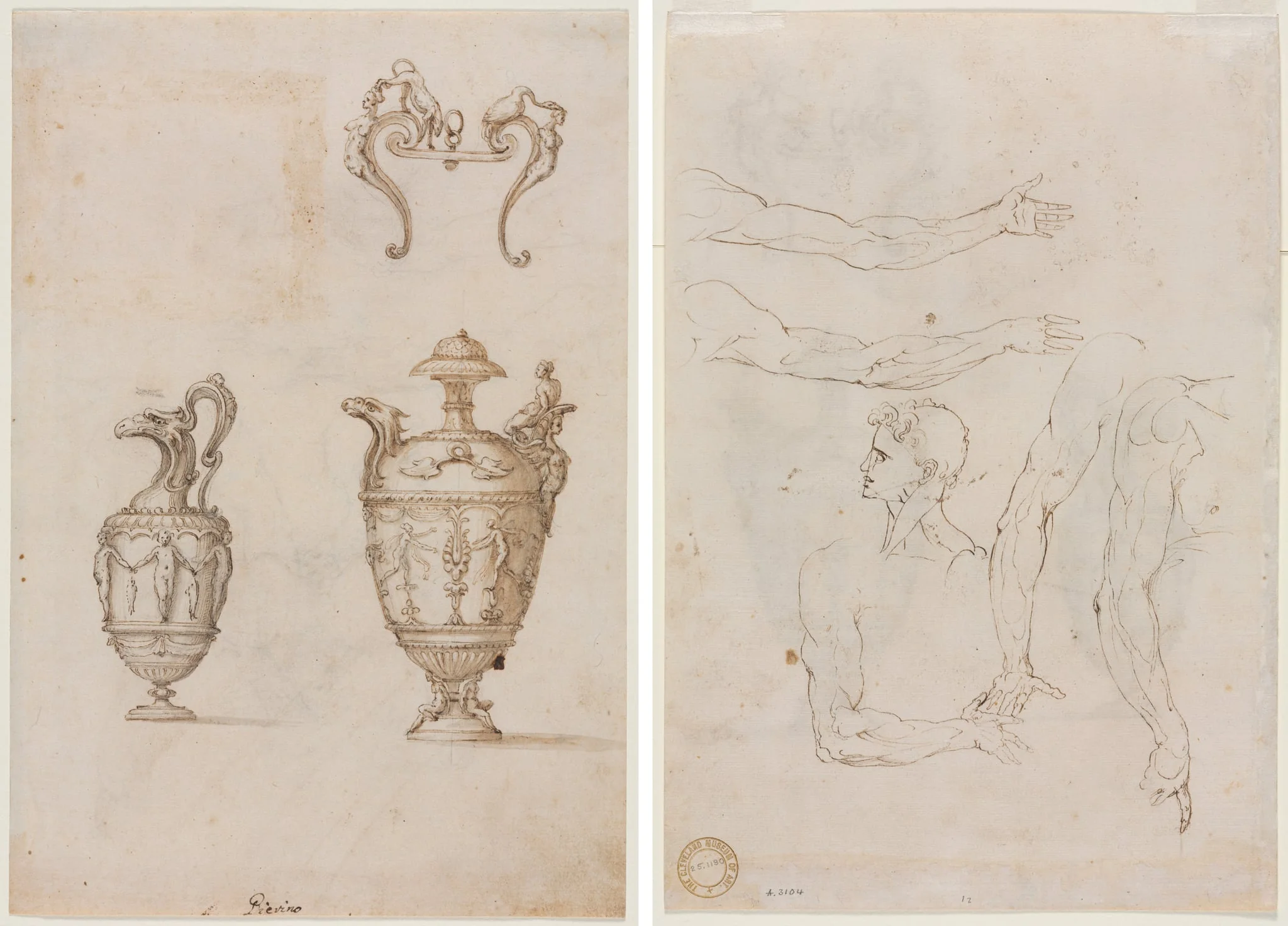 Design for Two Vases and an Ornament (recto); Sketches of Five Arms and a Head (verso), detail