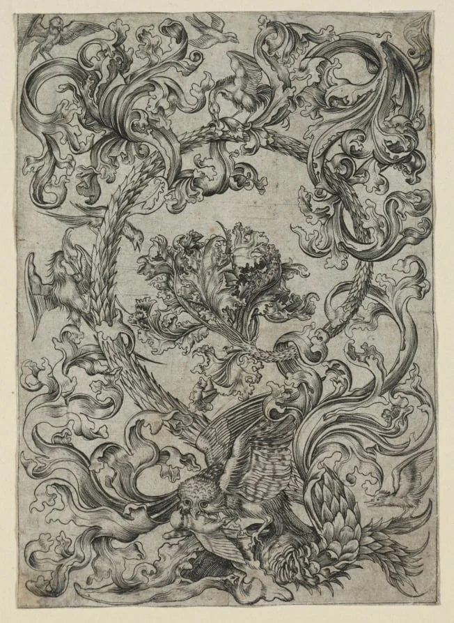 Ornamental Foliage, with an Owl and other Birds, detail