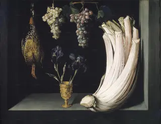 Still Life with Cardoon, Francolin, Grapes and Irises, by Felipe Ramírez, oil, 1628