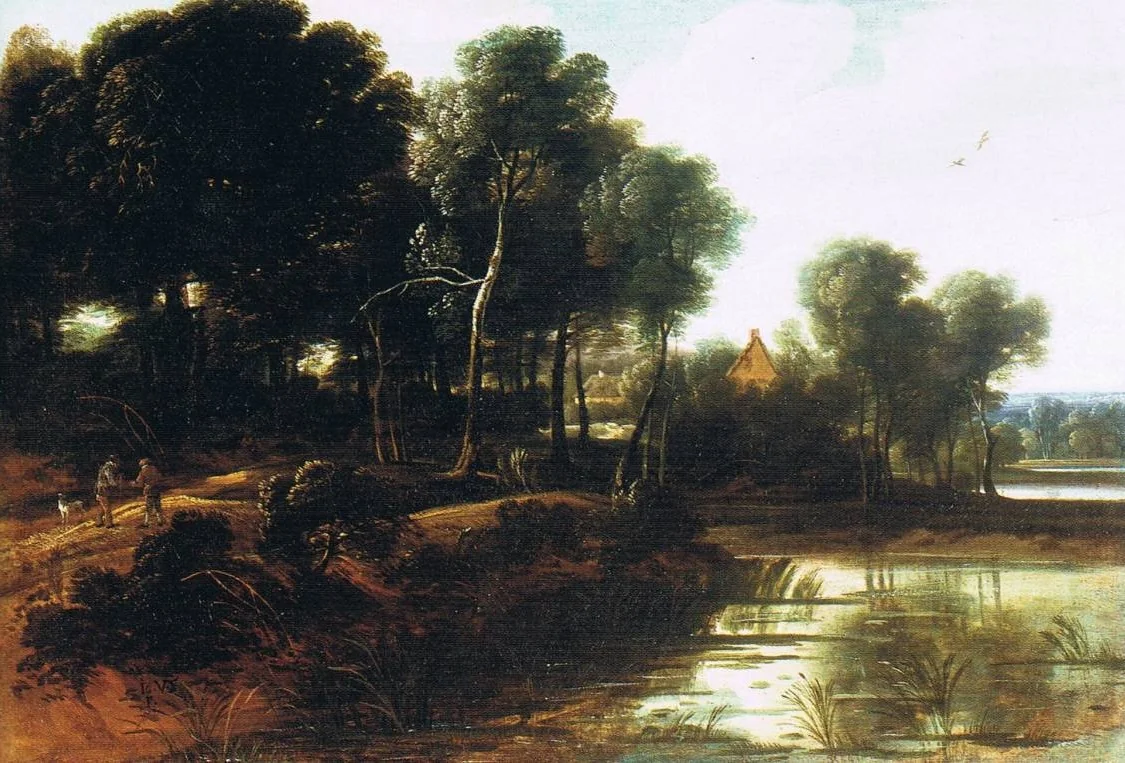 Wooded landscape with a lake, detail