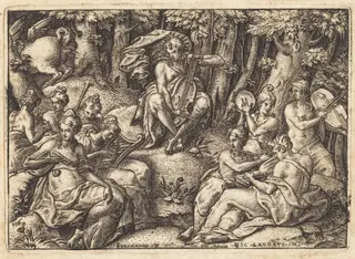 Apollo on Mount Parnassus, by Etienne Delaune, ink, 1569