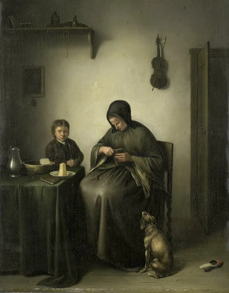 A Woman Slicing Bread, by Johannes Christiaan Janson, oil, 1811