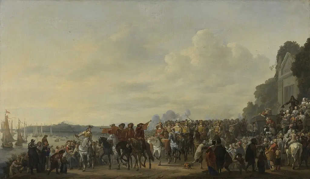 Charles II (1630-1685) stopping at the Estate of Wema on the Rotte on his Journey from Rotterdam to The Hague, 25 May 1660, by Johannes Lingelbach, oil, 1662