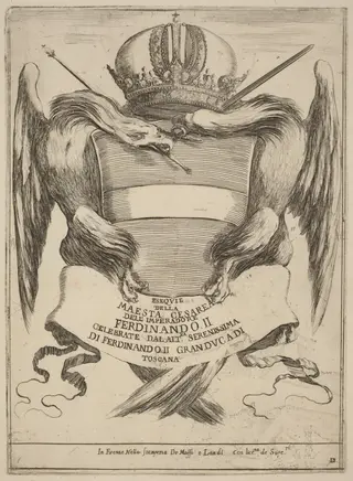 Arms with a Dedication to Grand Duke Ferdinand II, by Stefano Della Bella, ink, 1637