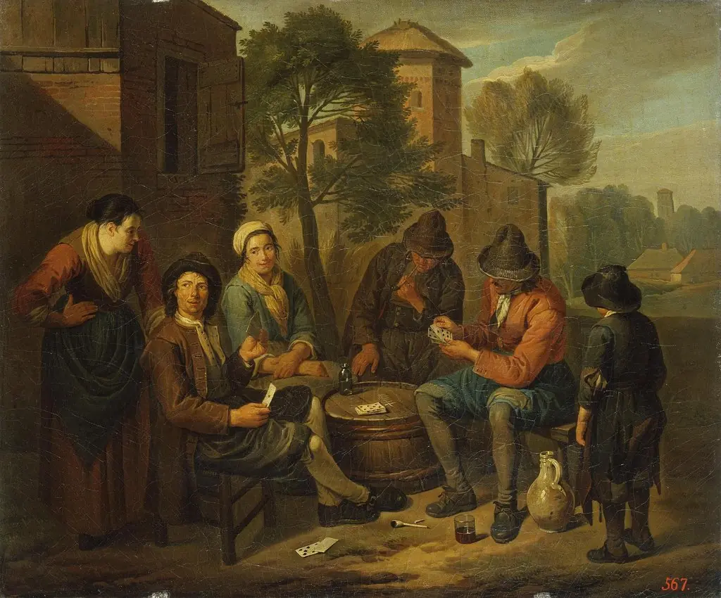 Peasants Playing Cards, by Norbert van Bloemen, oil, 1700