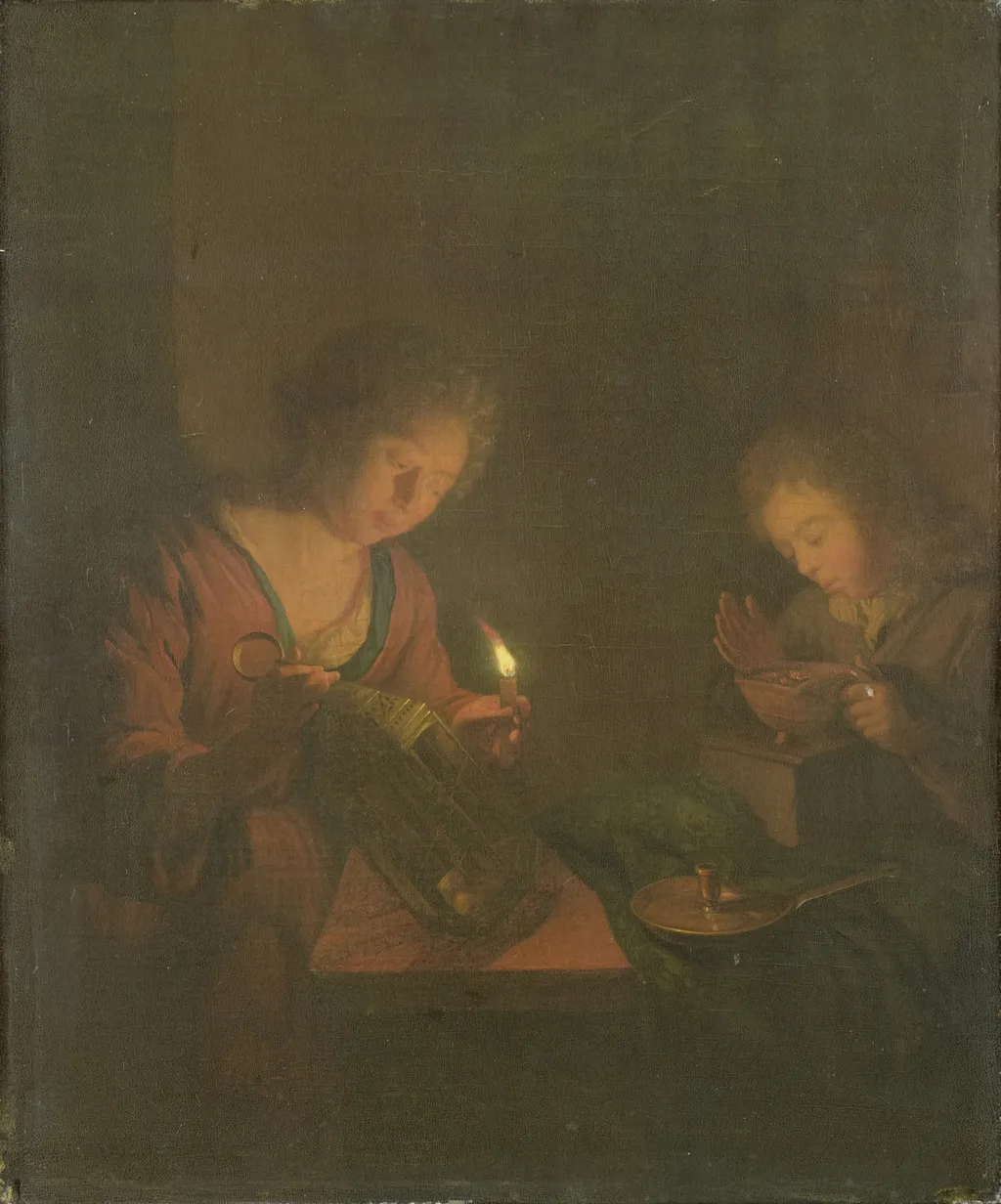 A girl putting a candle in a lantern and a boy testing the fire in a footwarmer, by Godfried Schalcken, oil, 1700