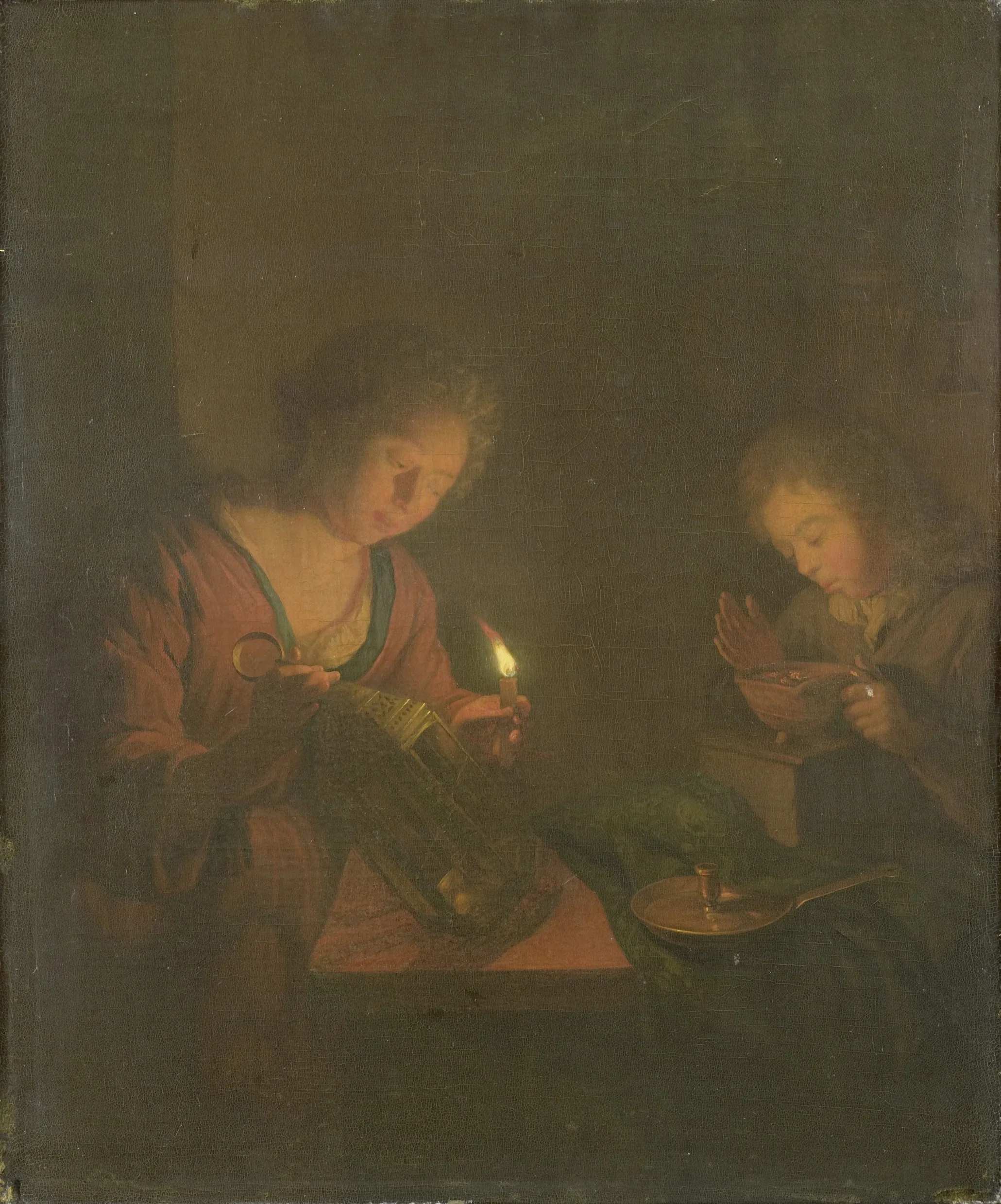 A girl putting a candle in a lantern and a boy testing the fire in a footwarmer, detail