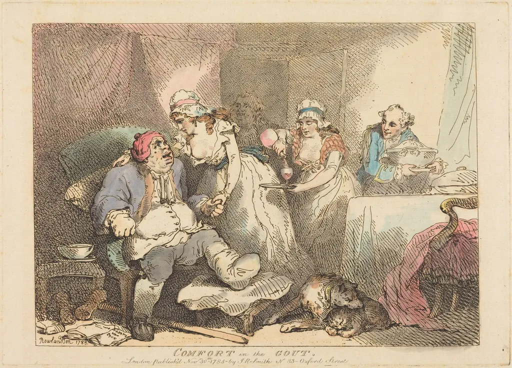 Comfort in the Gout, by Thomas Rowlandson, ink, 1785