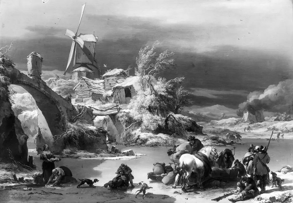 Gloomy winter landscape, by Nicolaes Pieterszoon Berchem, paint, 1665
