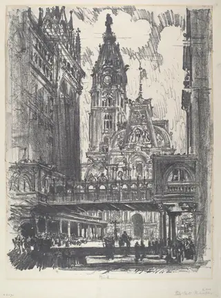 The City Hall and Bridge across Market Street, by Joseph Pennell, ink, 1912