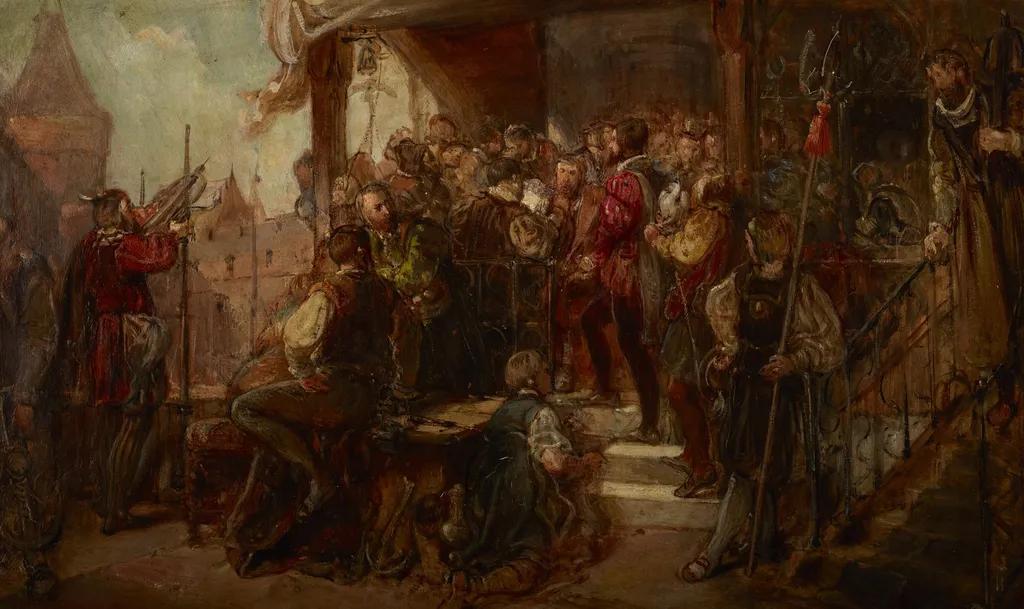 Presenting the Fowler to the Fowler Brotherhood (Sketch), by Władysław Łuszczkiewicz, oil, 1888