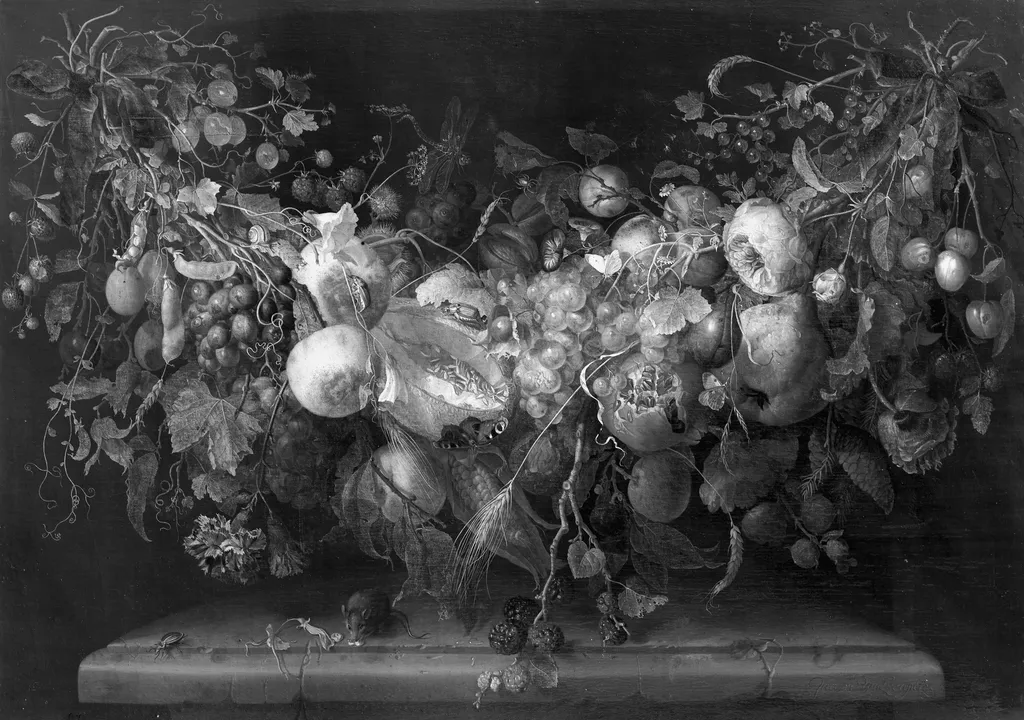 Fruit and flower hangings, by Jacob van Walscapelle, paint