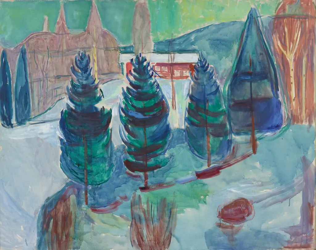 Red House and Spruces, by Edvard Munch, oil, 1940