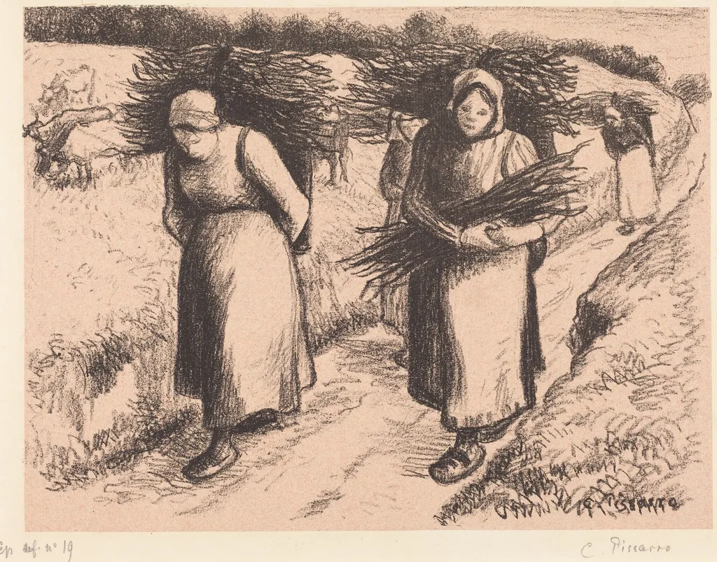 Peasants Carrying Sticks (Paysannes portant des fagots), by Camille Pissarro, ink, 1896