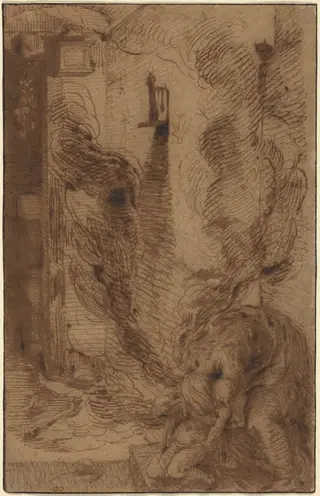 Witchcraft Scene with a Vampire [recto], by Jacques de Gheyn II, chalk, 1597