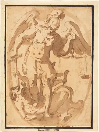 Saint Michael with Lucifer, by Giuseppe Porta, chalk, 1558