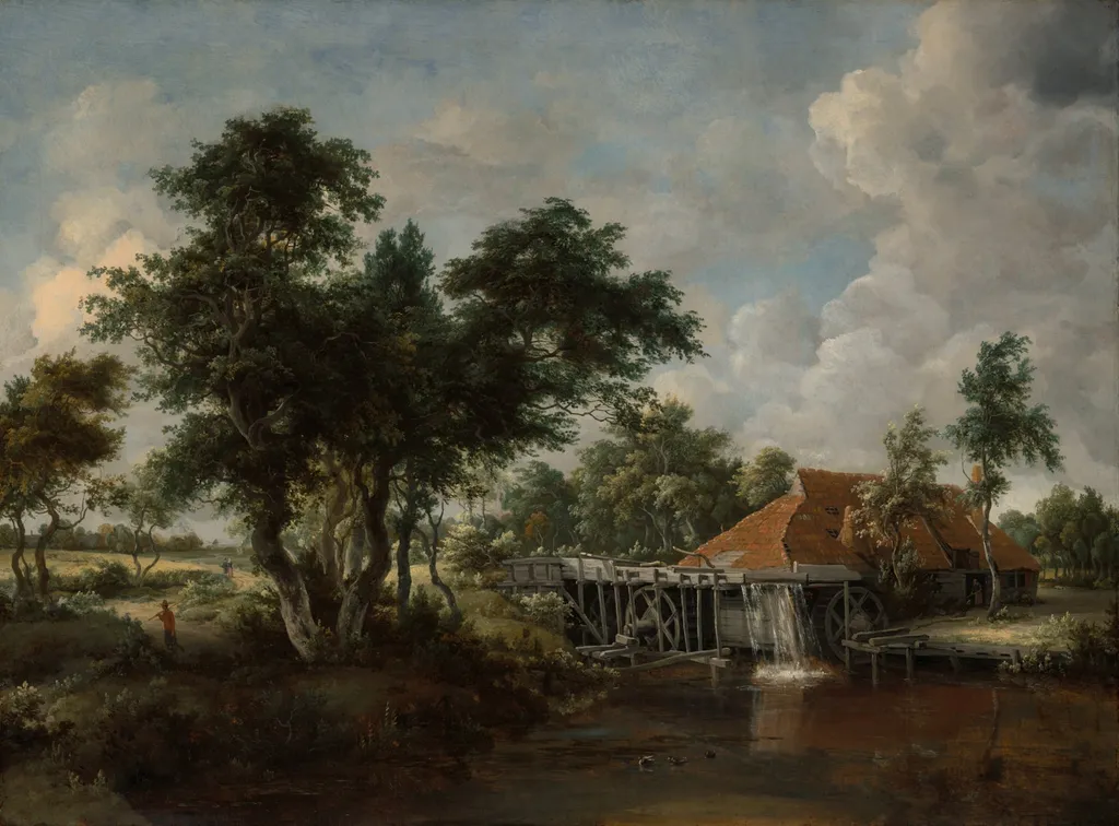 The Watermill with the Great Red Roof, by Meindert Hobbema, oil, 1665