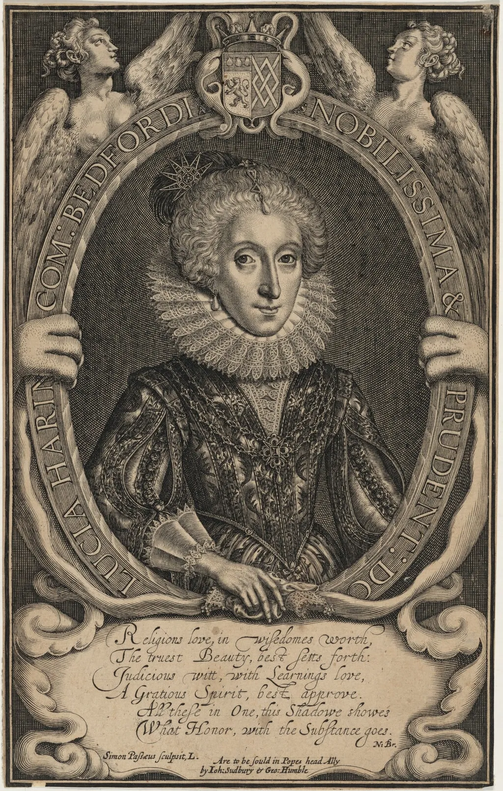 Lucia Harrington, Countess of Bedford, by Simon van de Passe, ink, 1621
