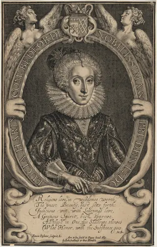 Lucia Harrington, Countess of Bedford, by Simon van de Passe, ink, 1621