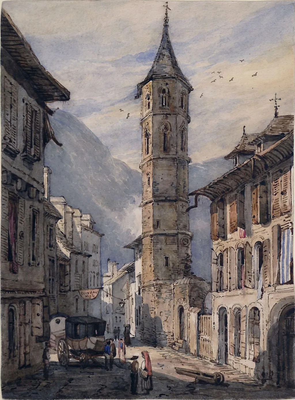 Street scene, with bell tower, by Marchioness of Waterford Louisa Anne, watercolor, 1864