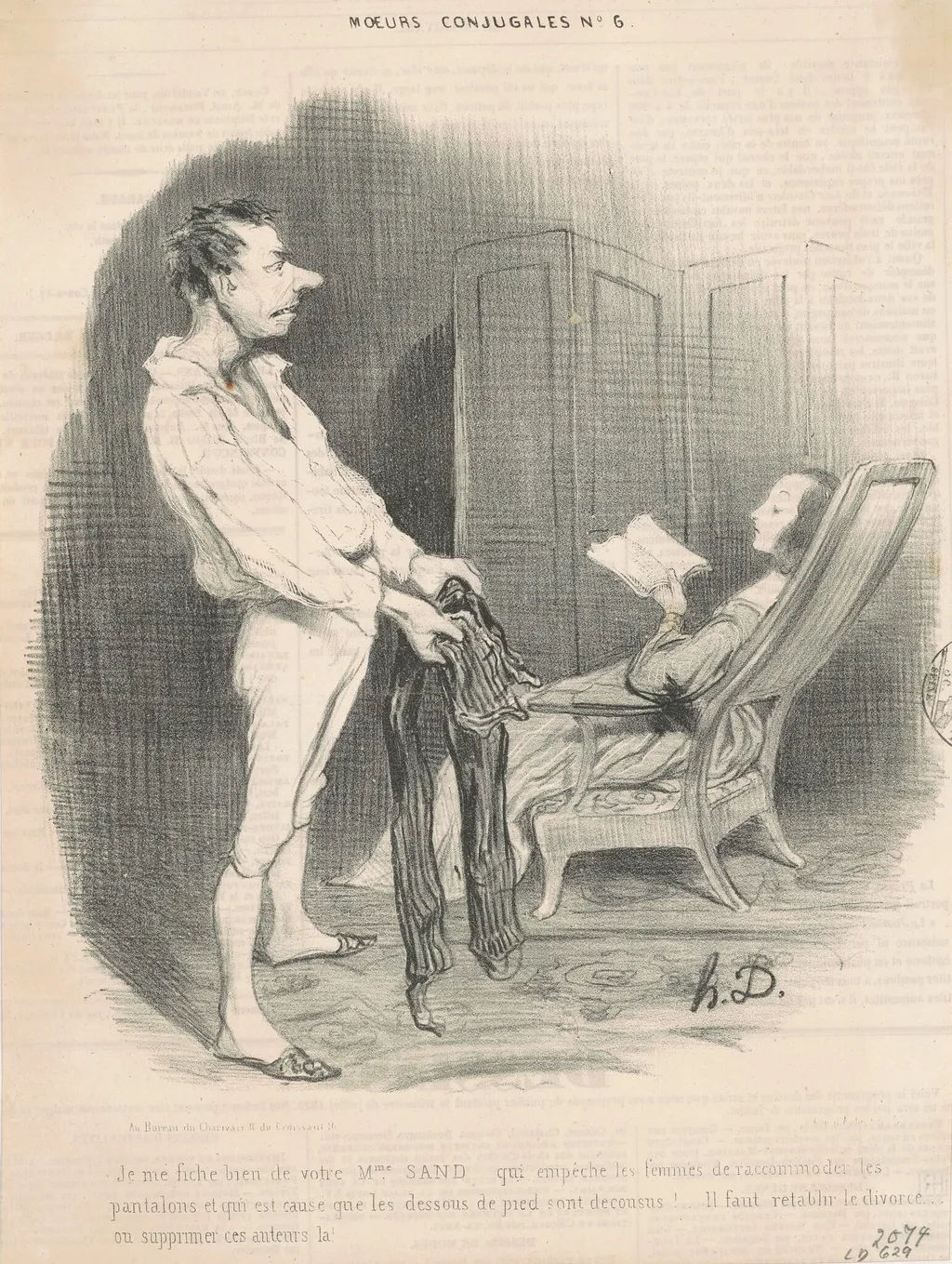 Je me fiche bien de votre Mme Sand..., by Honoré Daumier, ink, 1839