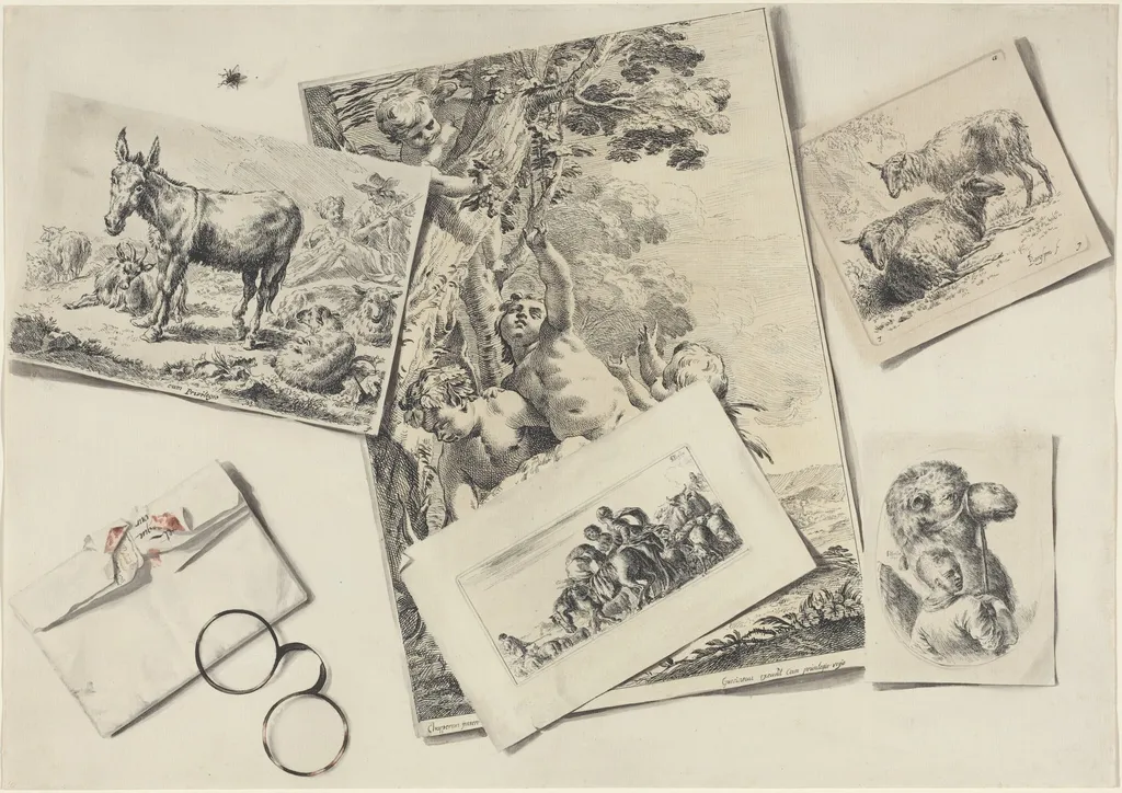 Trompe l'Oeil: Old Prints, a Torn Envelope with Horn-rimmed Glasses, and a Housefly, by Jean-Pierre-Xavier Bidauld, ink, 1763