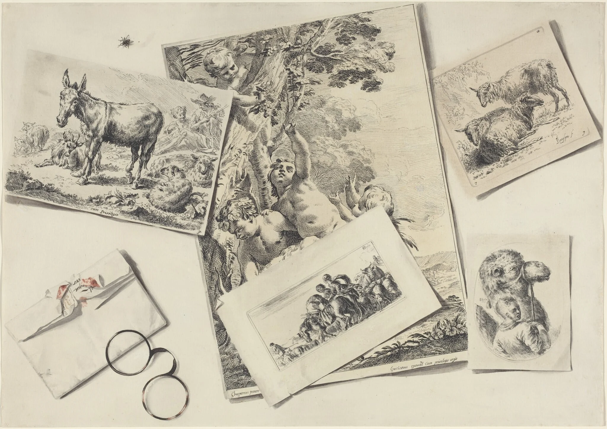 Trompe l'Oeil: Old Prints, a Torn Envelope with Horn-rimmed Glasses, and a Housefly, detail