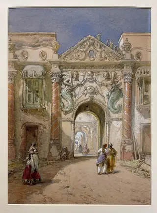 Mermaid gate, Kaiserbagh, Lucknow, by William Simpson, paint, 1864