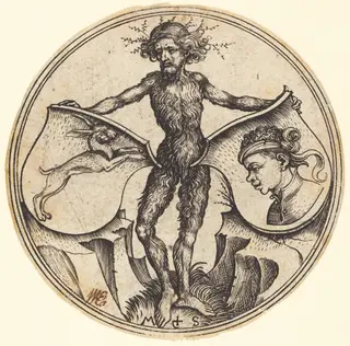 Shields with Rabbit and Moor's Head, Held by Wild Man, by Martin Schongauer, ink, 1485