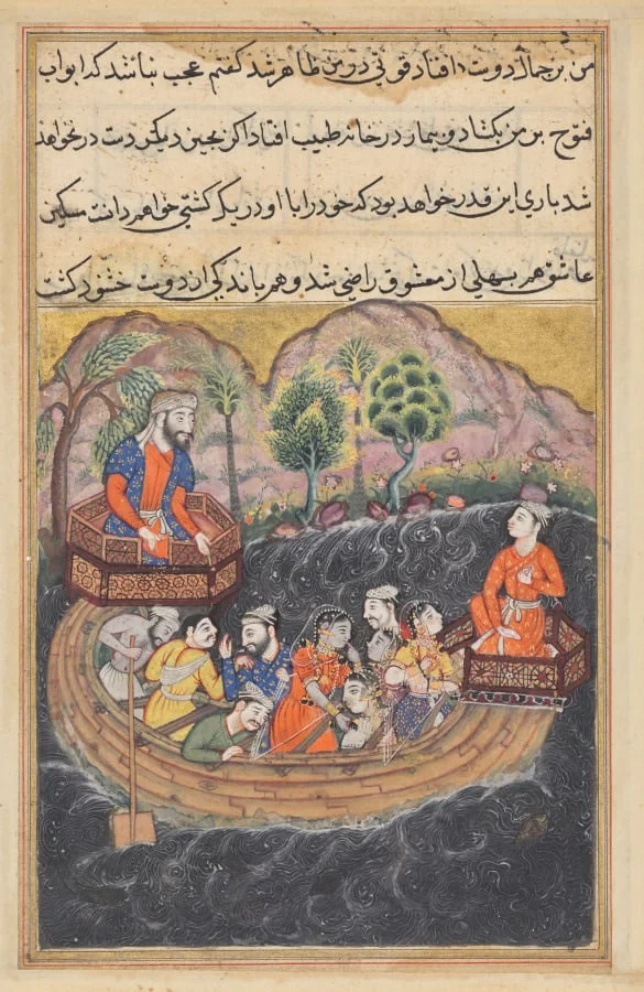 The young man of Baghdad joins the Hashimi’s boat as a sailor to find his slave-girl on board, from a Tuti-nama (Tales of a Parrot): Forty-eighth Night, detail