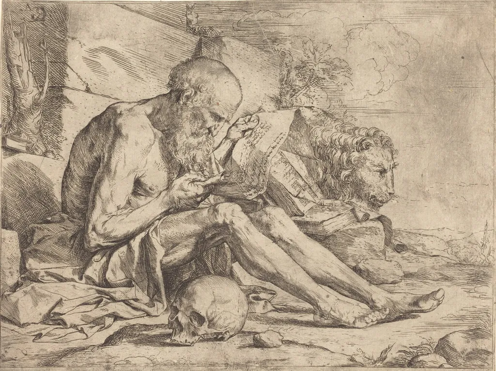 Saint Jerome Reading, by Jusepe de Ribera, ink, 1624