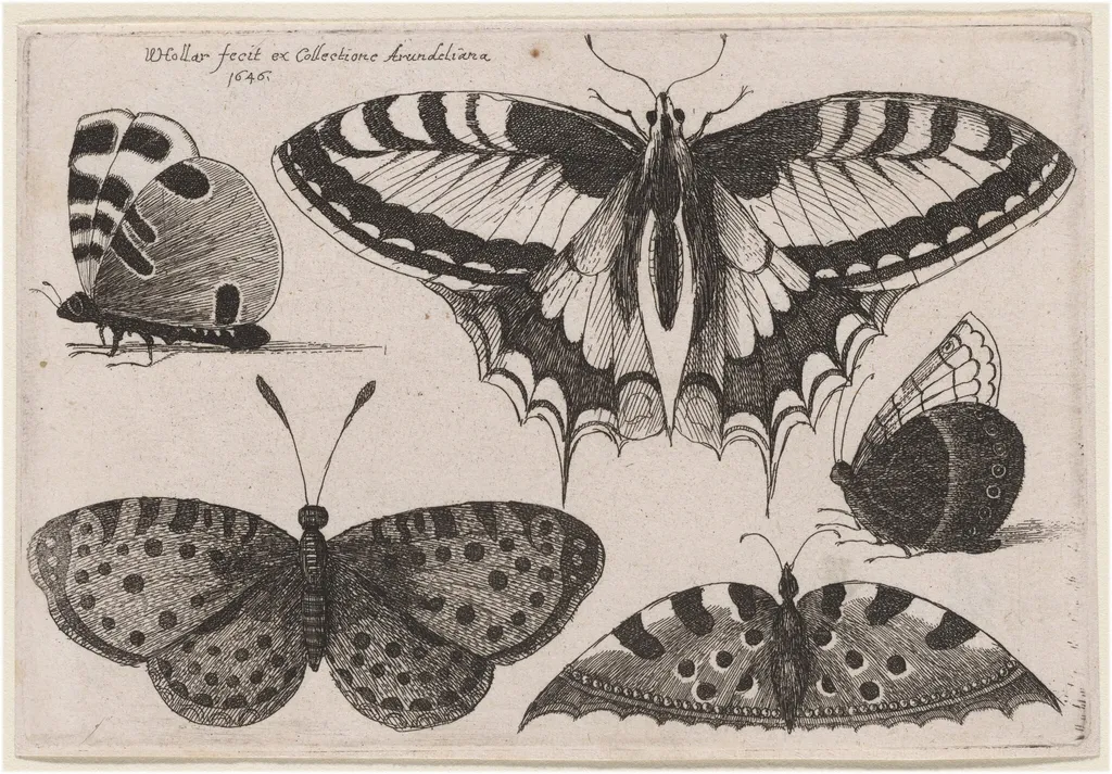 Three Butterflies and Two Moths, by Wenceslaus Hollar, ink, 1646
