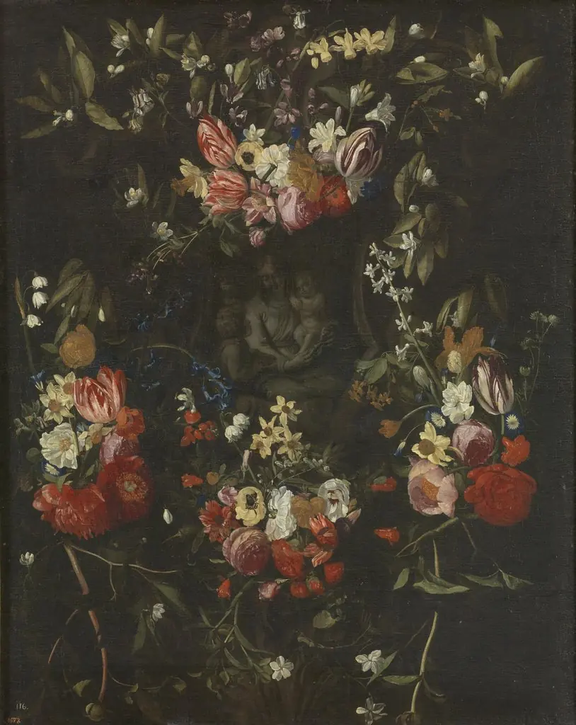 Garland of Flowers with the Virgin, the Christ Child and Saint John, by Erasmus Quellinus II, oil, 1601