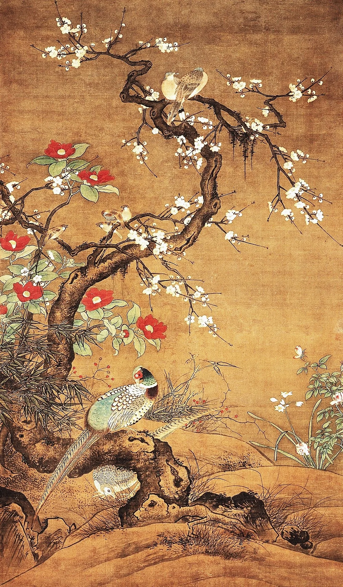 Pheasant and camellia shrub, detail