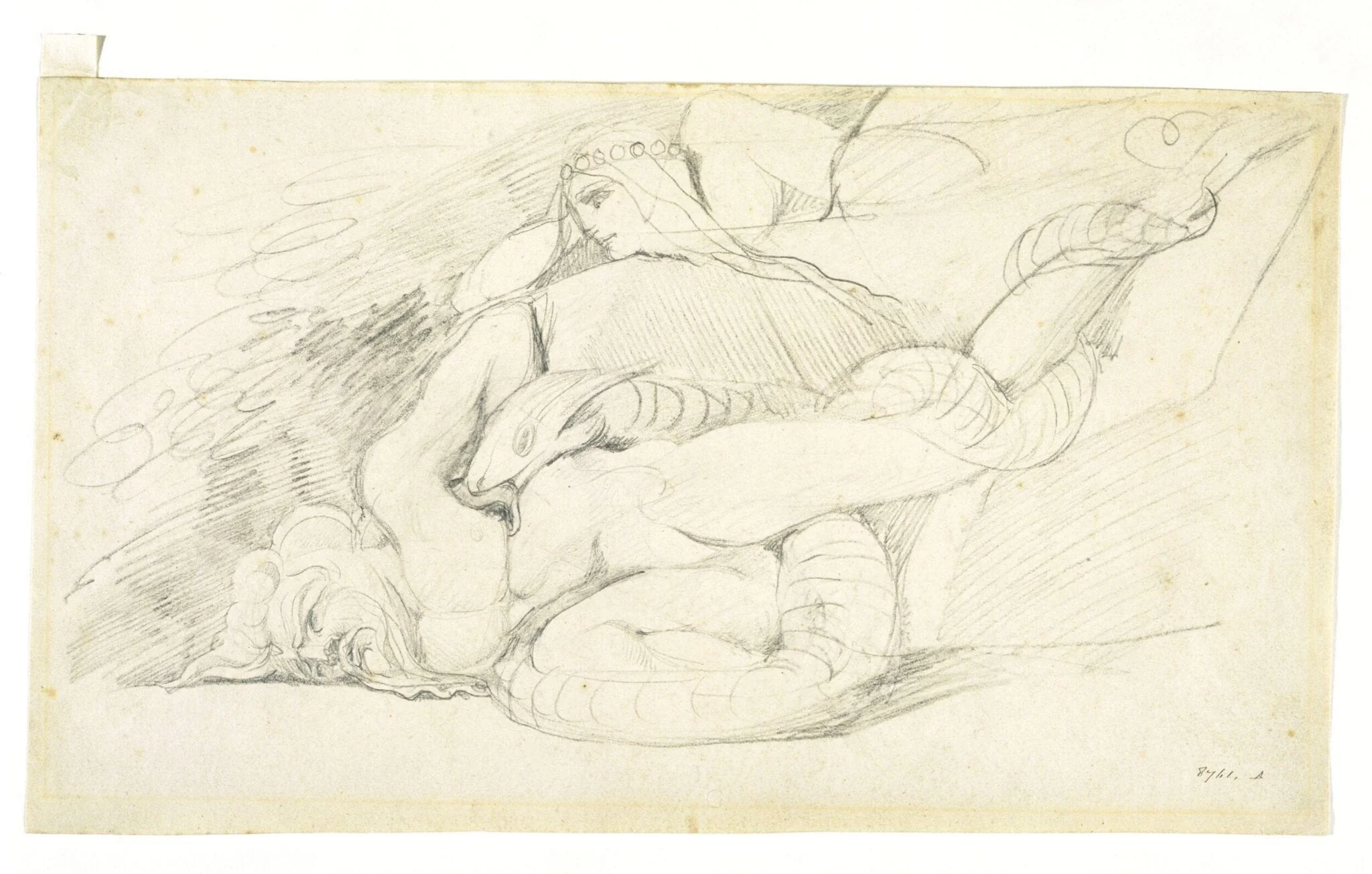 A woman gazing at the prostate body of a man, around which a serpent is coiled, detail