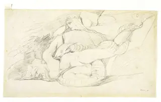 A woman gazing at the prostate body of a man, around which a serpent is coiled, by William Blake, 1750