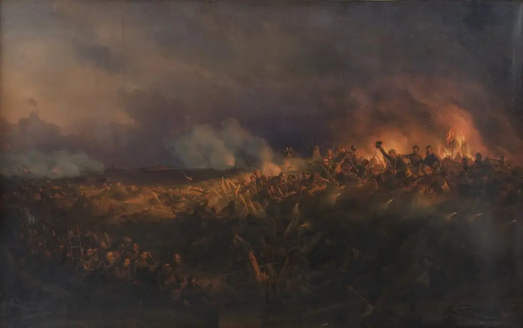 Stormen på Frederiksstad den 4. oktober 1850, by Niels Simonsen, oil, 1858