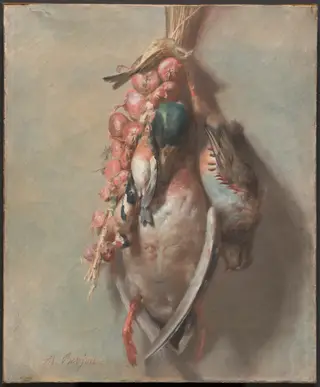 Hunting Trophy with Mallard, Partridge, Goldfinches, and Onions, by Antoine Berjon, pastel, 1810