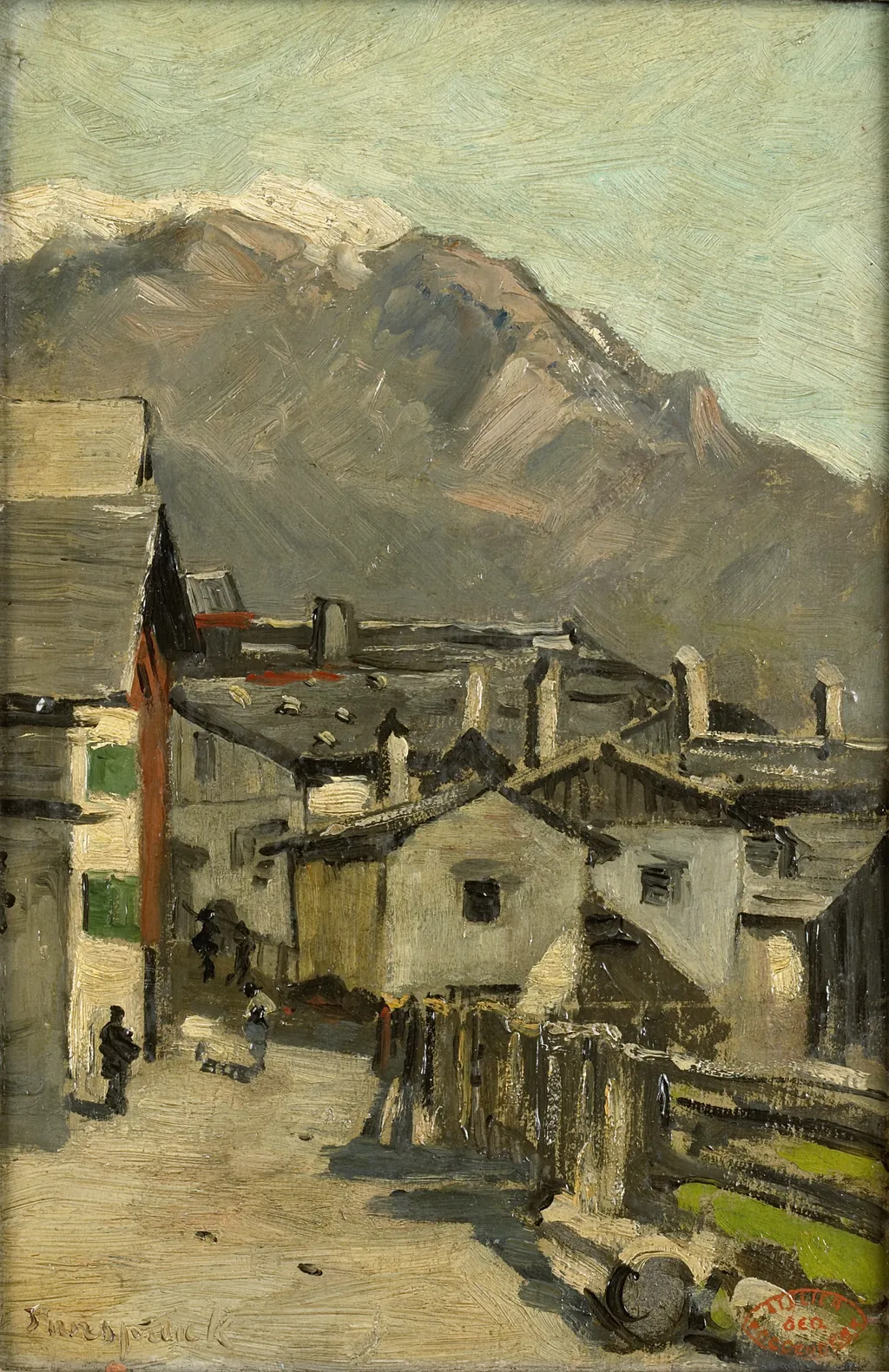 Houses along a road near a mountain (Innsbruck?), by Geo Poggenbeek, oil, 1892