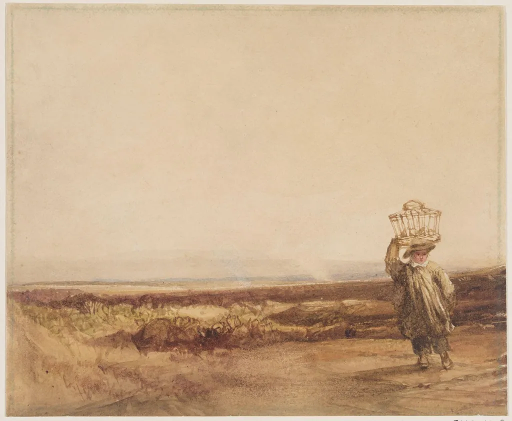 A boy carrying a basket on his head in a moorland landscape, by Luke Clennell, 1781