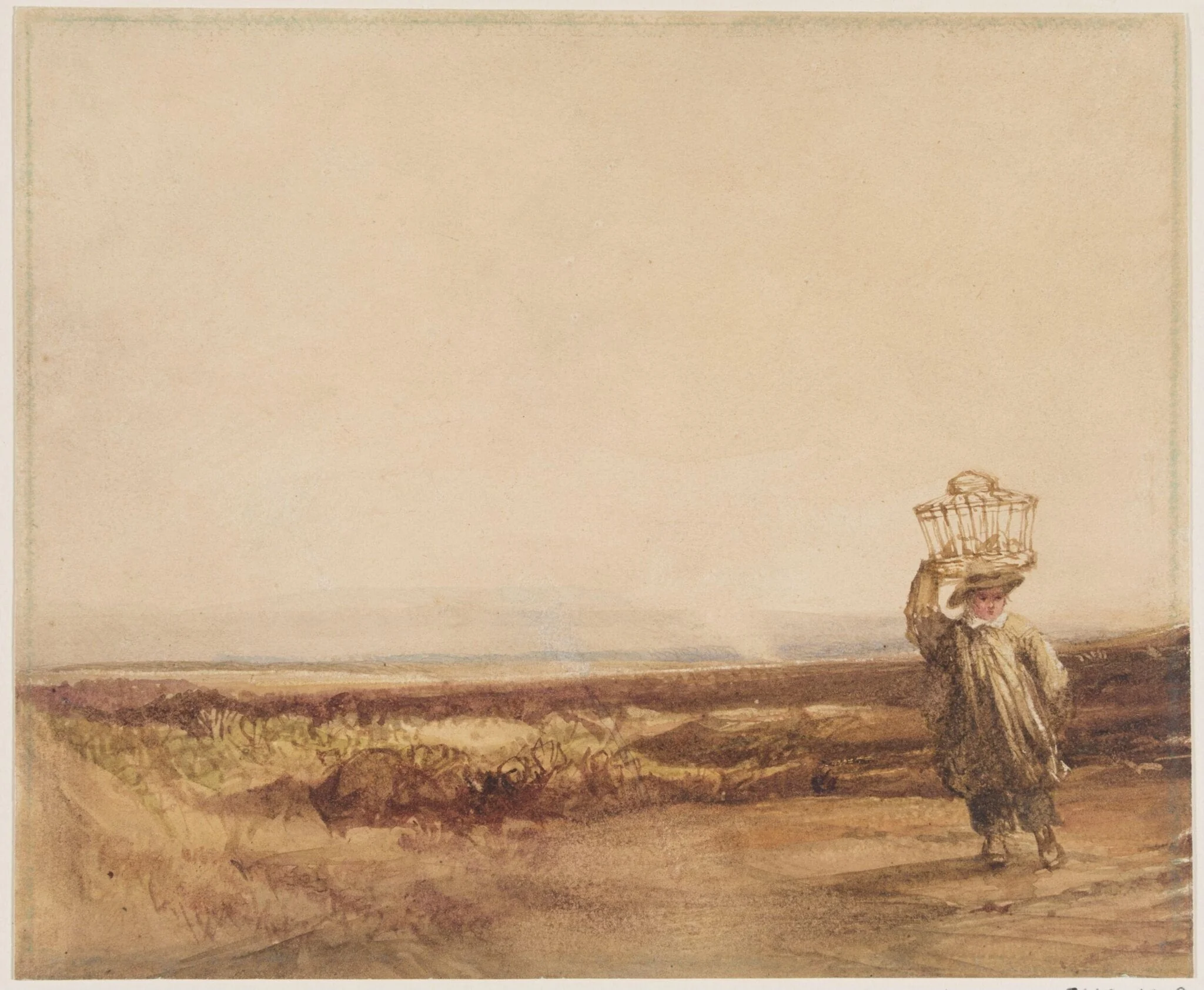 A boy carrying a basket on his head in a moorland landscape, detail
