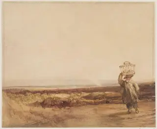 A boy carrying a basket on his head in a moorland landscape, by Luke Clennell, 1781