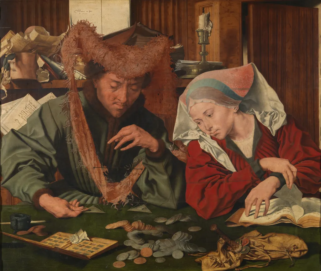 The Moneychanger and His Wife, by Marinus van Reymerswaele, oil, 1539