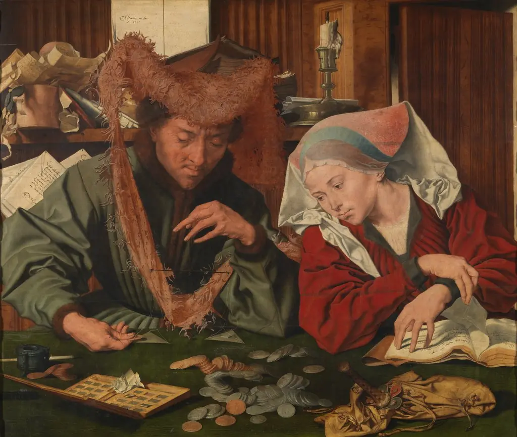 The Moneychanger and His Wife, by Marinus van Reymerswaele, oil, 1539