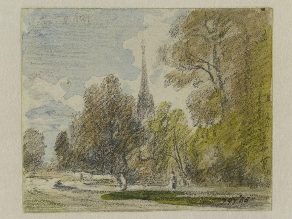 Salisbury Cathedral with trees, by John Constable, watercolor, 9